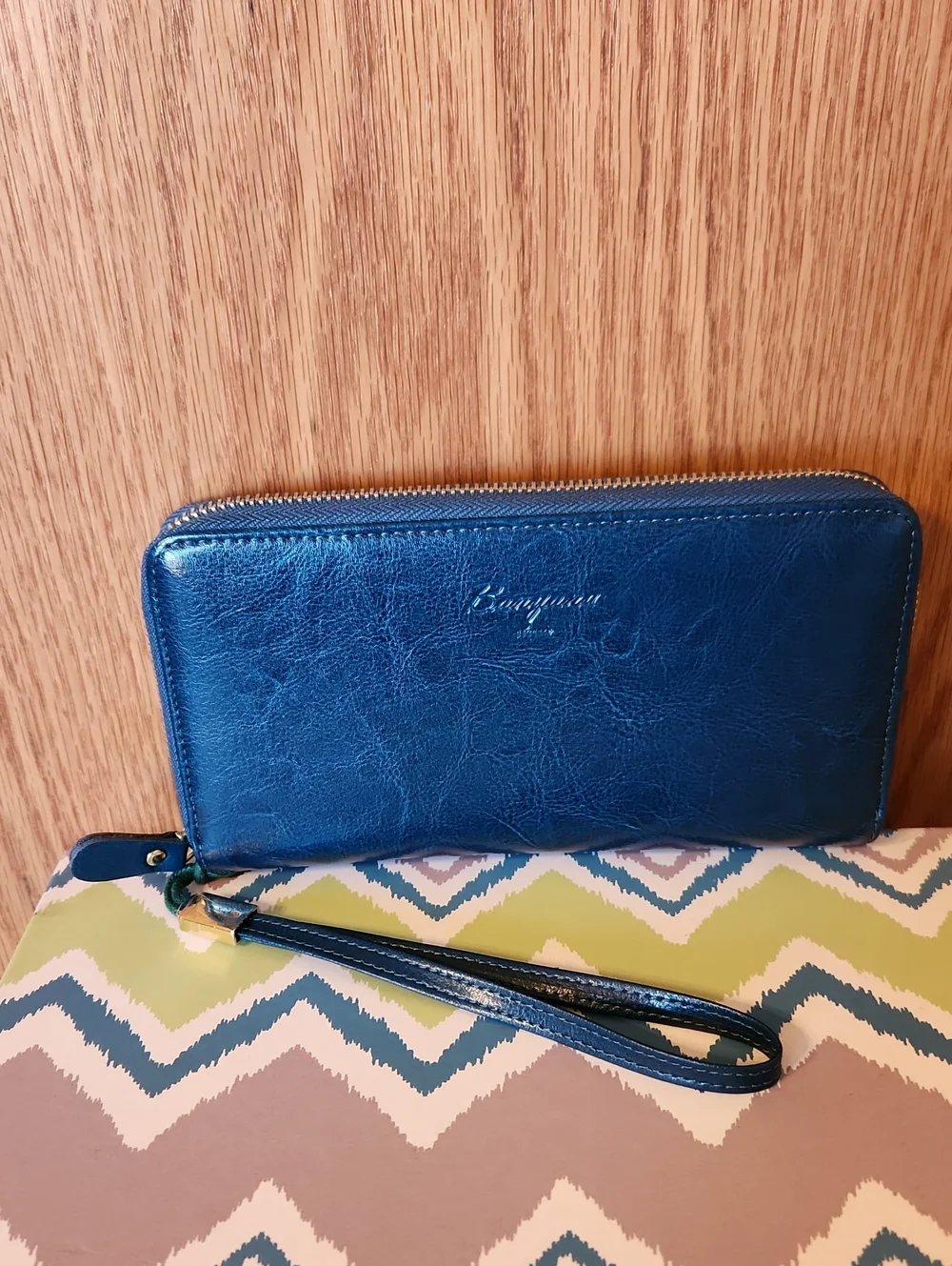 Blue Zip-Around Wristlet Wallet with Detachable Strap
